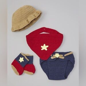 Adorable Knit Baby Hat and Accessory Set - Red, Blue, Tan